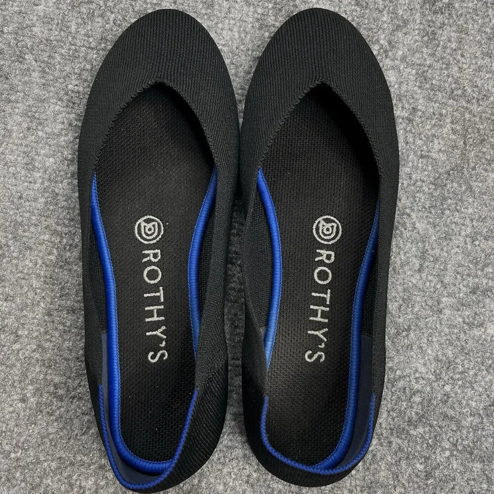 Rothys The Loafer Black Knit Flats Shoes Womens Size 7 Royal Blue Trim - Picture 2 of 7